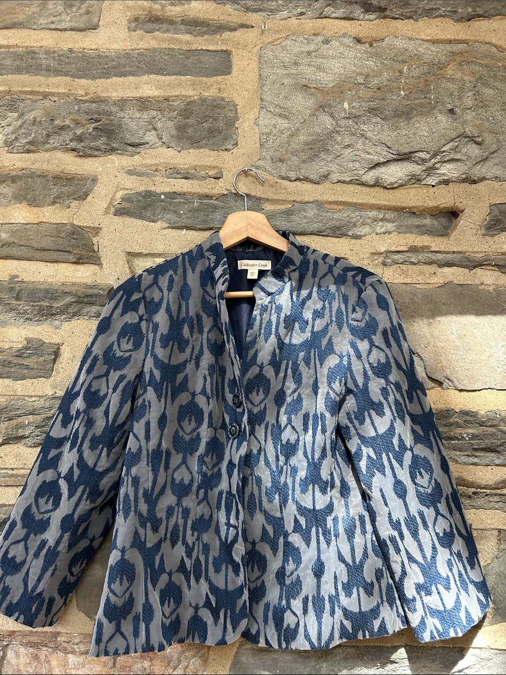 Coldwater Creek Blue and Light Gray Ikat-Pattern Tunic Jacket